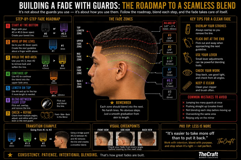 TheCraft diagram titled Building a fade with guards: the roadmap to a seamless blend, noting it is not about the guards you use but how you use them, and that if you follow the roadmap and blend each step the fade takes care of itself. A step-by-step fade roadmap runs through seven stages. Step one, start at the bottom: begin with your number zero, or your number zero point five with the lever open, and create your lowest line. Step two, move up one level: go to your number one with the lever open and create the next guideline about a finger width above. Step three, build the mid area: use your number one and a half, then your number two, to remove bulk and soften the line. Step four, continue up: use your number three to continue the blend into the upper fade area. Step five, length on top: use a number four and up for the top if more length is needed. Step six, blend between every step: flick out, overlap, and remove the line. Step seven, check and refine: check from multiple angles — front, side, back, and in the mirror — adjust, and refine with your lever or the next guard. A central photograph of a finished fade in profile maps the fade zones with coloured dashed guidelines. The top length zone uses a number four and up, leaving half an inch to over an inch or 12 to 25 millimetres and more. The upper fade zone uses a number three at three eighths of an inch or 10 millimetres. The mid fade zone uses a number two at a quarter inch or 6 millimetres, and a number one and a half at three sixteenths of an inch or 4.5 millimetres. The low fade zone uses a number one at an eighth of an inch or 3 millimetres. The bald or skin zone uses a number zero point five at a sixteenth of an inch or 1.5 millimetres down to a number zero at zero. A reminder states that each zone should blend into the next, with no harsh lines and no obvious steps, just a smooth graduation from skin to length. Key tips for a clean fade: overlap your strokes so you always remove the line; flick out at the end, flicking out and away when approaching the next guideline; use your lever, since small lever adjustments can be powerful blending tools; check your work by stepping back, using good light, and checking from all angles; and keep it clean by cleaning your clipper and brushing often. Common mistakes to avoid: jumping too many guards at once, pushing straight up which creates lines, not blending each step before moving up, overworking the same area, and relying only on the mirror. A transition example shows going from the number one at 3 millimetres to the number two at 6 millimetres using a number one and a half bridge guard at 4.5 millimetres in between, which removes the line and creates a smoother blend. Visual checkpoints show front, side, and back views, advising you to check your fade from every angle before moving to the next step. A pro tip headed less is more quotes that it is easier to take more off than to put it back, and advises working with intention, blending with purpose, and stopping when it is right, not perfect. The closing line reads consistency, patience, intentional blending — that is how great fades are built.