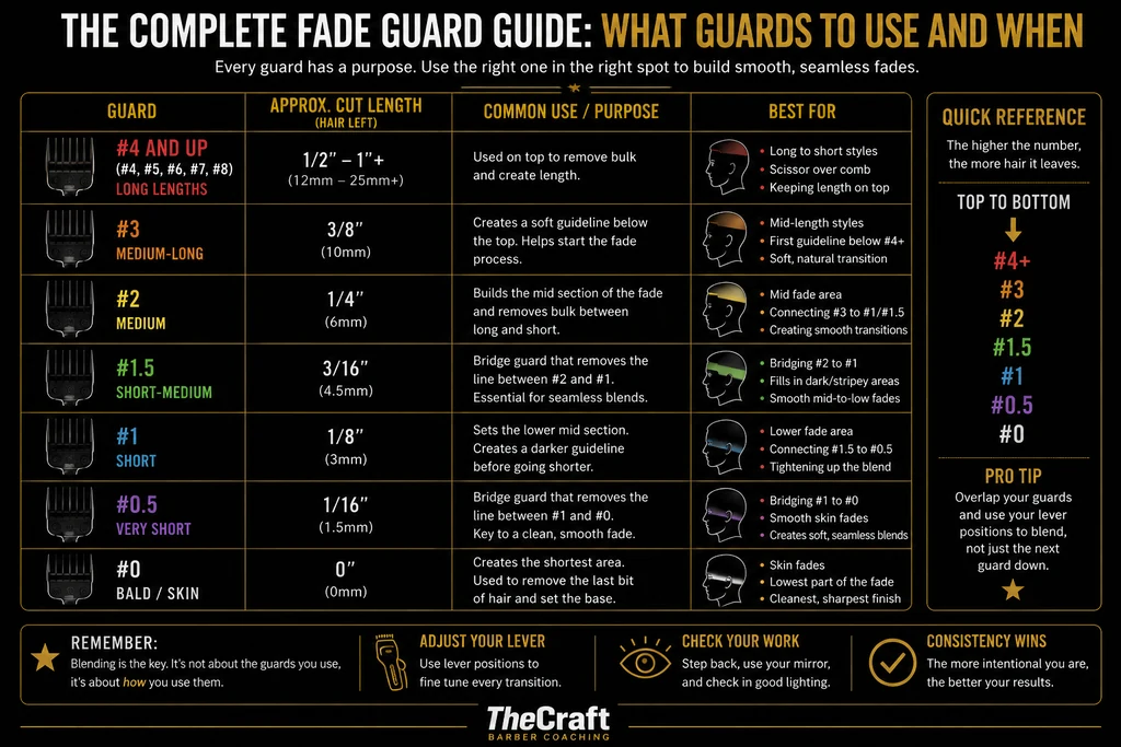 TheCraft reference chart titled The complete fade guard guide: what guards to use and when, noting that every guard has a purpose and the right one in the right spot builds smooth, seamless fades. A table lists each guard with its approximate cut length, common use, and what it is best for. Guard number four and up, covering guards four through eight, leaves half an inch to over an inch, roughly 12 to 25 millimetres or more; it is used on top to remove bulk and create length, and suits long to short styles, scissor over comb, and keeping length on top. Guard number three leaves three eighths of an inch, about 10 millimetres; it creates a soft guideline below the top and helps start the fade, suiting mid-length styles, the first guideline below the number four and up, and soft natural transitions. Guard number two leaves a quarter inch, about 6 millimetres; it builds the mid section of the fade and removes bulk between long and short, suiting the mid fade area, connecting the number three to the number one or one and a half, and creating smooth transitions. Guard number one and a half leaves three sixteenths of an inch, about 4.5 millimetres; it is a bridge guard that removes the line between the number two and the number one and is essential for seamless blends, suiting bridging two to one, filling in dark or stripey areas, and smooth mid-to-low fades. Guard number one leaves an eighth of an inch, about 3 millimetres; it sets the lower mid section and creates a darker guideline before going shorter, suiting the lower fade area, connecting one and a half to zero point five, and tightening up the blend. Guard number zero point five leaves a sixteenth of an inch, about 1.5 millimetres; it is a bridge guard that removes the line between the number one and the number zero and is key to a clean, smooth fade, suiting bridging one to zero, smooth skin fades, and soft seamless blends. Guard number zero leaves zero inches; it creates the shortest area and is used to remove the last bit of hair and set the base, suiting skin fades, the lowest part of the fade, and the cleanest sharpest finish. A quick reference panel states that the higher the number, the more hair it leaves, and lists the guards from top to bottom in order: number four and up, three, two, one and a half, one, zero point five, and zero. A pro tip advises overlapping your guards and using your lever positions to blend, not just the next guard down. Closing reminders: blending is the key and it is not about the guards you use but how you use them; adjust your lever to fine tune every transition; check your work by stepping back, using your mirror, and checking in good lighting; and consistency wins, because the more intentional you are, the better your results.