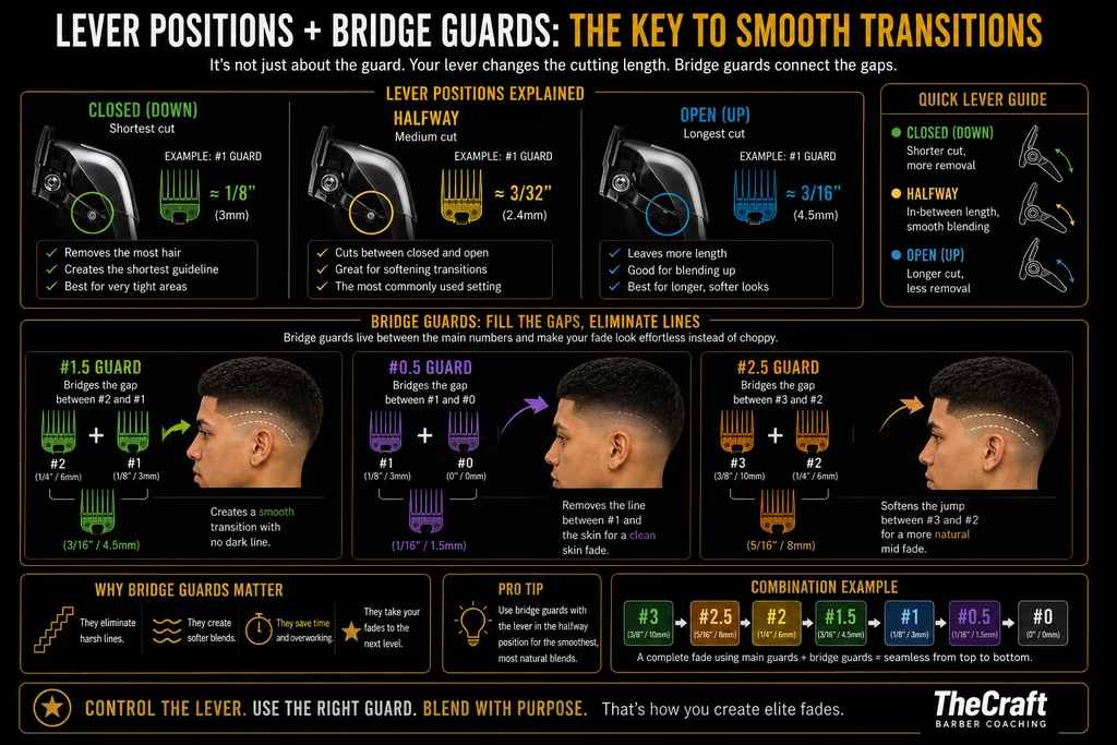 TheCraft diagram titled Lever positions plus bridge guards: the key to smooth transitions, explaining that it is not just about the guard, because your lever changes the cutting length and bridge guards connect the gaps. Lever positions explained, each shown with a close-up of the clipper lever. Closed, meaning down, is the shortest cut: with a number one guard it leaves roughly an eighth of an inch, about 3 millimetres. It removes the most hair, creates the shortest guideline, and is best for very tight areas. Halfway is the medium cut: with a number one guard it leaves roughly three thirty-seconds of an inch, about 2.4 millimetres. It cuts between closed and open, is great for softening transitions, and is the most commonly used setting. Open, meaning up, is the longest cut: with a number one guard it leaves roughly three sixteenths of an inch, about 4.5 millimetres. It leaves more length, is good for blending up, and is best for longer, softer looks. A quick lever guide repeats that closed means a shorter cut with more removal, halfway gives an in-between length with smooth blending, and open gives a longer cut with less removal. A section on bridge guards, headed fill the gaps and eliminate lines, explains that bridge guards live between the main numbers and make your fade look effortless instead of choppy. The number one and a half guard bridges the gap between the number two at a quarter inch or 6 millimetres and the number one at an eighth of an inch or 3 millimetres, sitting at three sixteenths of an inch or 4.5 millimetres, and creates a smooth transition with no dark line. The number zero point five guard bridges the gap between the number one at an eighth of an inch or 3 millimetres and the number zero at zero, sitting at a sixteenth of an inch or 1.5 millimetres, and removes the line between the number one and the skin for a clean skin fade. The number two and a half guard bridges the gap between the number three at three eighths of an inch or 10 millimetres and the number two at a quarter inch or 6 millimetres, sitting at five sixteenths of an inch or 8 millimetres, and softens the jump between the number three and the number two for a more natural mid fade. Each is illustrated on a side profile with a dashed line marking where the bridge sits. Why bridge guards matter: they eliminate harsh lines, they create softer blends, they save time and overworking, and they take your fades to the next level. Pro tip: use bridge guards with the lever in the halfway position for the smoothest, most natural blends. A combination example shows a complete progression from the number three at three eighths of an inch or 10 millimetres, to two and a half at five sixteenths or 8 millimetres, to two at a quarter inch or 6 millimetres, to one and a half at three sixteenths or 4.5 millimetres, to one at an eighth or 3 millimetres, to zero point five at a sixteenth or 1.5 millimetres, to zero at zero, noting that a complete fade using main guards plus bridge guards is seamless from top to bottom. The closing line reads control the lever, use the right guard, blend with purpose — that is how you create elite fades.