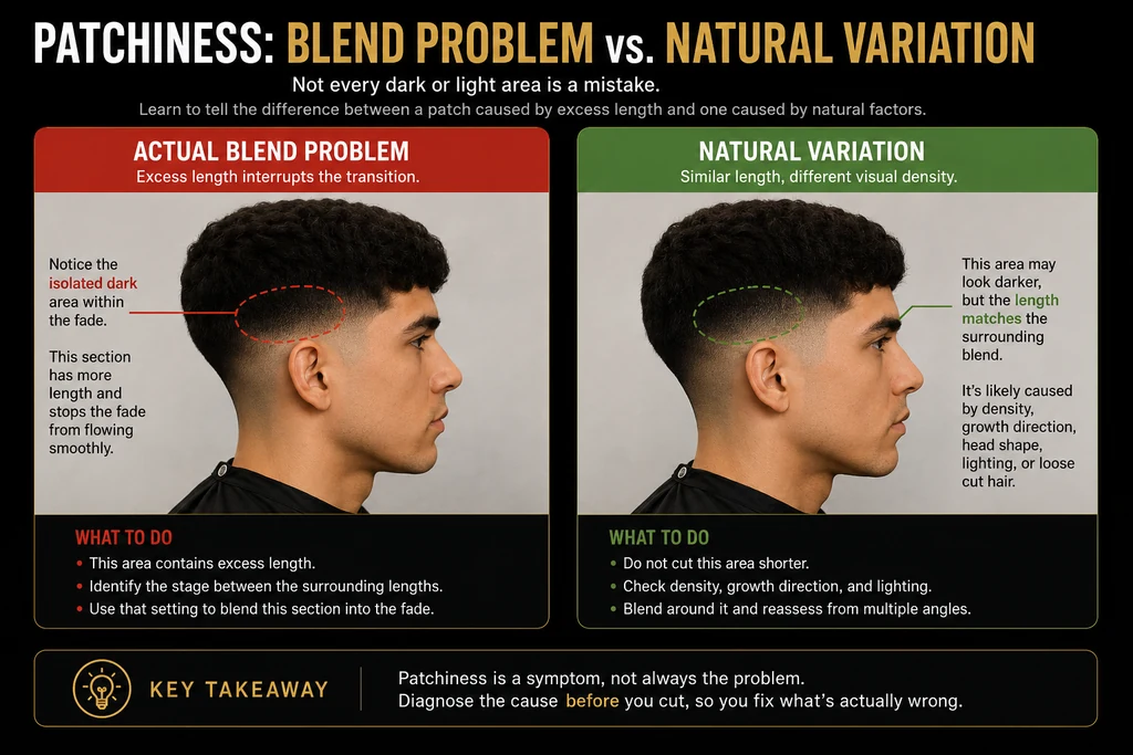 Side-by-side comparison titled Patchiness: blend problem vs. natural variation. On the left, an actual blend problem: an isolated dark area circled within the fade where excess length interrupts the transition, so the fix is to identify the stage between the surrounding lengths and blend that section in. On the right, natural variation: a circled area that looks darker even though its length matches the surrounding blend, caused by density, growth direction, head shape, lighting, or loose cut hair, so it should not be cut shorter. Key takeaway: patchiness is a symptom, not always the problem — diagnose the cause before you cut.