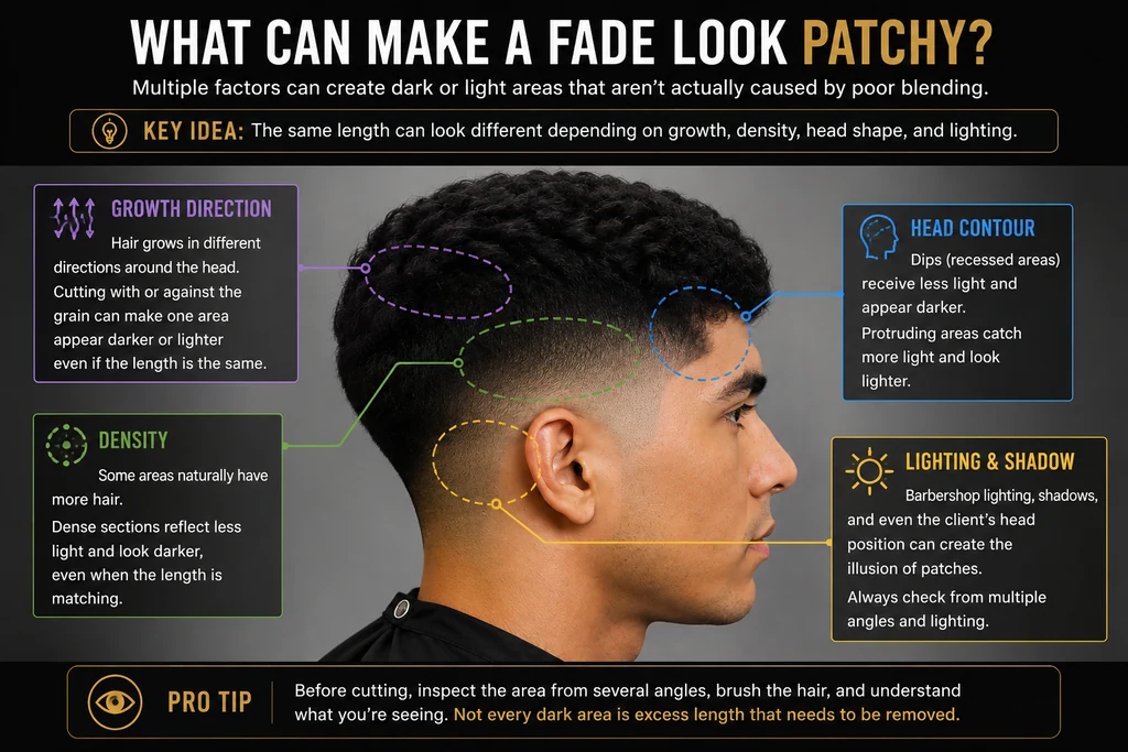 Diagram titled What can make a fade look patchy, labelling four causes on a single faded head. Growth direction: hair grows in different directions around the head, so cutting with or against the grain can make one area look darker or lighter even at the same length. Density: some areas naturally have more hair, and dense sections reflect less light and look darker even when length matches. Head contour: recessed dips receive less light and appear darker, while protruding areas catch more light and look lighter. Lighting and shadow: barbershop lighting, shadows, and head position can create the illusion of patches. Key idea: the same length can look different depending on growth, density, head shape, and lighting.