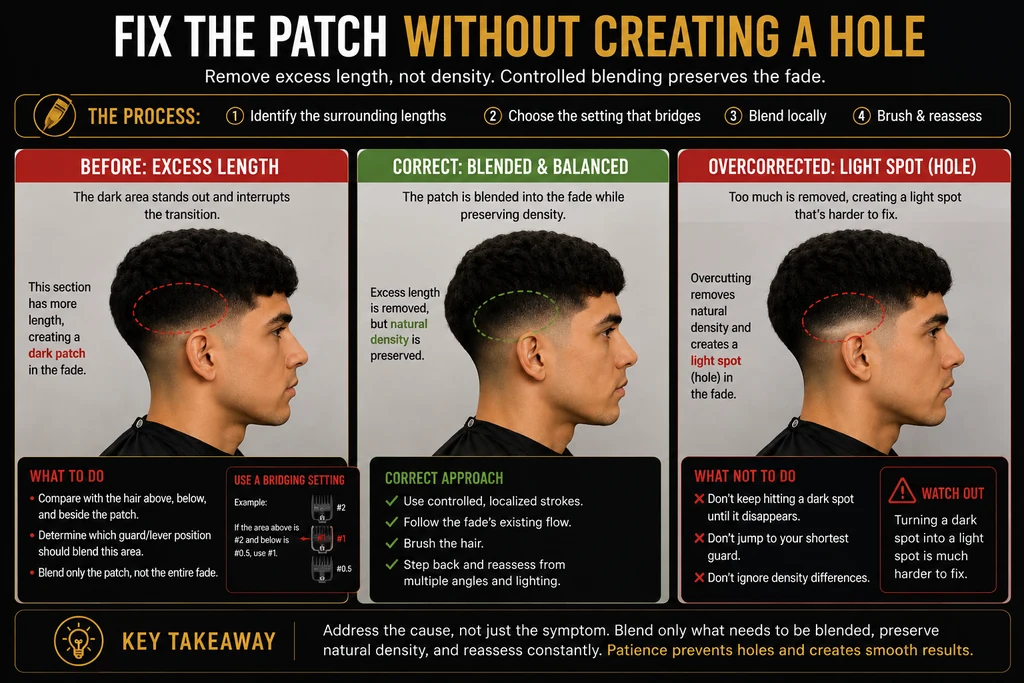 Three-stage comparison titled Fix the patch without creating a hole, following the process of identifying the surrounding lengths, choosing the setting that bridges them, blending locally, then brushing and reassessing. Before: excess length leaves a circled dark patch that interrupts the transition, so compare it with the hair above, below, and beside it and use a bridging setting — if the area above is a number two and below is a half, use a number one. Correct: the patch is blended into the fade with controlled localized strokes that follow the fade's existing flow while natural density is preserved. Overcorrected: too much hair is removed, creating a light spot or hole that is much harder to fix. Key takeaway: blend only what needs blending, preserve natural density, and reassess constantly.
