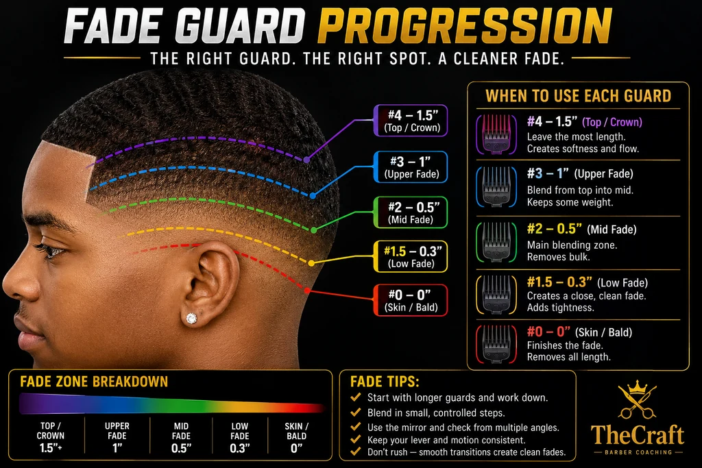TheCraft reference chart titled Fade guard progression, with the subtitle the right guard, the right spot, a cleaner fade. A side profile of a finished fade is marked with five coloured dashed guidelines: purple for the number four guard at 1.5 inches on the top and crown, blue for the number three guard at 1 inch on the upper fade, green for the number two guard at 0.5 inches on the mid fade, yellow for the number one and a half guard at 0.3 inches on the low fade, and red for the number zero guard at 0 inches for skin or bald. A panel headed when to use each guard explains the purpose of every length. The number four guard at 1.5 inches on the top and crown leaves the most length and creates softness and flow. The number three guard at 1 inch on the upper fade blends from the top into the mid section and keeps some weight. The number two guard at 0.5 inches on the mid fade is the main blending zone and removes bulk. The number one and a half guard at 0.3 inches on the low fade creates a close, clean fade and adds tightness. The number zero guard at 0 inches finishes the fade and removes all length. A fade zone breakdown strip shows the lengths shortening in order along a colour gradient: top and crown at 1.5 inches and above, upper fade at 1 inch, mid fade at 0.5 inches, low fade at 0.3 inches, and skin or bald at 0 inches. Fade tips listed alongside: start with longer guards and work down; blend in small, controlled steps; use the mirror and check from multiple angles; keep your lever and motion consistent; and don’t rush, because smooth transitions create clean fades.