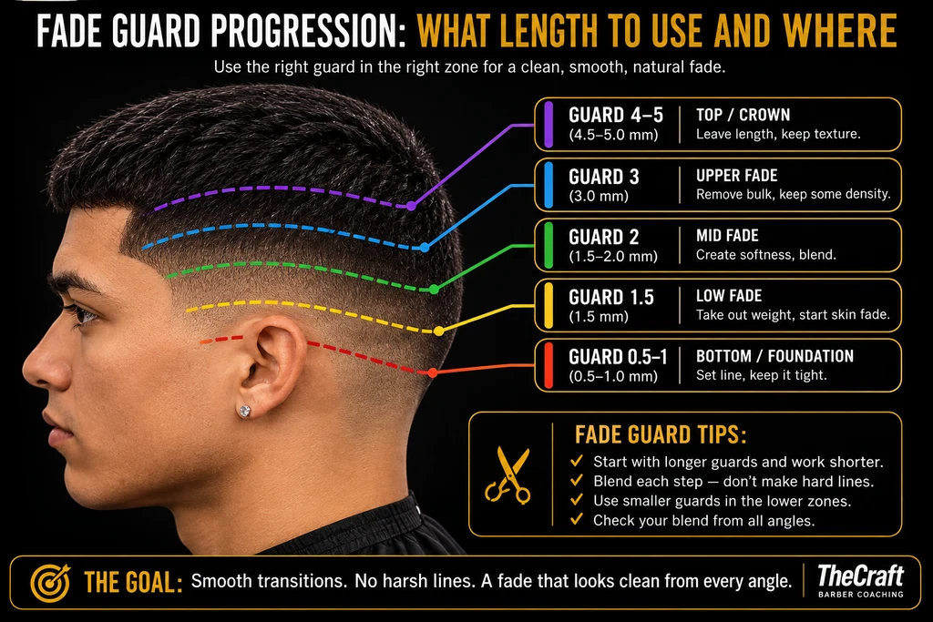 TheCraft diagram titled Fade guard progression: what length to use and where, showing how to use the right guard in the right zone for a clean, smooth, natural fade. A side profile of a finished fade is marked with five coloured dashed guidelines that map each zone of the head from the crown down to the hairline. Purple marks the top and crown, cut with guard four to five, about 4.5 to 5.0 millimetres: leave length and keep texture. Blue marks the upper fade, cut with guard three, about 3.0 millimetres: remove bulk but keep some density. Green marks the mid fade, cut with guard two, about 1.5 to 2.0 millimetres: create softness and blend. Yellow marks the low fade, cut with guard one and a half, about 1.5 millimetres: take out weight and start the skin fade. Red marks the bottom or foundation, cut with guard one half to one, about 0.5 to 1.0 millimetres: set the line and keep it tight. The zones sit progressively higher up the head as the guard gets longer, so the shortest lengths stay nearest the hairline and the longest length stays on top. Fade guard tips listed alongside: start with longer guards and work shorter; blend each step and don’t make hard lines; use smaller guards in the lower zones; and check your blend from all angles. The stated goal: smooth transitions, no harsh lines, and a fade that looks clean from every angle.
