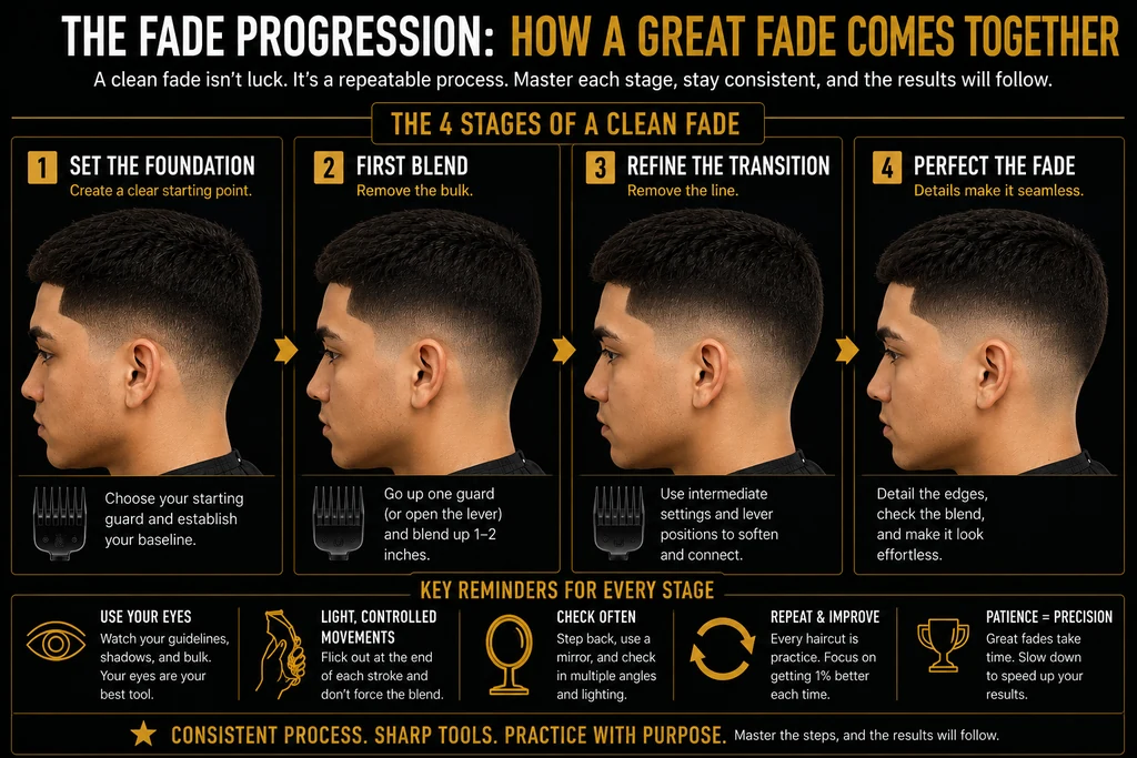 TheCraft visual titled The fade progression: how a great fade comes together, showing the four stages of building a clean fade on the same head from establishing the foundation through refining and finishing, and reinforcing that a clean fade is not luck but a repeatable process you master one stage at a time. Stage one, set the foundation, creates a clear starting point: choose your starting guard and establish your baseline. Stage two, first blend, removes the bulk: go up one guard or open the lever and blend up one to two inches. Stage three, refine the transition, removes the line: use intermediate settings and lever positions to soften and connect. Stage four, perfect the fade, is where details make it seamless: detail the edges, check the blend, and make it look effortless. Key reminders for every stage: use your eyes to watch your guidelines, shadows, and bulk; keep movements light and controlled, flicking out at the end of each stroke instead of forcing the blend; check often by stepping back and using a mirror across multiple angles and lighting; repeat and improve, treating every haircut as practice aimed at getting one percent better; and remember that patience equals precision, because great fades take time and slowing down speeds up your results. Key takeaway: a consistent process, sharp tools, and practice with purpose are what make the results follow.