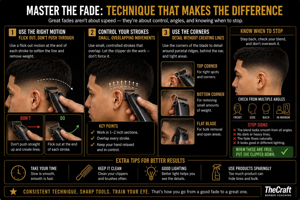 TheCraft guide titled Master the fade: technique that makes the difference, with the subtitle that great fades aren’t about speed — they’re about control, angles, and knowing when to stop. Step one, use the right motion: flick out, don’t push through. Use a flick out motion at the end of each stroke to soften the line and remove weight. A photo shows a barber running clippers up the side of a fade with a curved dashed arrow flicking away from the head at the end of the stroke. A don’t example, marked with a straight red arrow, shows pushing straight up and creating lines. A do example, marked with a curved green arrow, shows flicking out at the end of each stroke. Step two, control your strokes: small, overlapping movements. Use small, controlled strokes that overlap, and let the clipper do the work instead of forcing it. A photo shows a row of short upward arrows tracking overlapping passes along the fade line. Key points: work in one to two inch sections, overlap every stroke, and keep your hand relaxed and in control. Step three, use the corners: detail without creating lines. Use the corners of the blade to detail around parietal ridges, behind the ear, and tight areas. The top corner is for tight spots and corners, the bottom corner is for removing small amounts of weight, and the flat blade is for bulk removal and open areas, each shown in a close-up photo of the blade angled against the head. A final panel, know when to stop, advises stepping back, checking your blend, and not overworking it, beside a photo of a finished fade in profile. Check from multiple angles: front, side, back, and in mirror. Stop signs that mean the fade is done: the blend looks smooth from all angles, there are no dark or heavy lines, the fade flows naturally, and it looks good in different lighting. When these are true, put the clipper down. Extra tips for better results: take your time, because slow is smooth and smooth is fast; keep it clean by cleaning your clippers and brushes often; use good lighting, because better light helps you see the details; and use products sparingly, because too much product can hide lines and bulk. The closing line reads consistent technique, sharp tools, train your eye — that’s how you go from a good fade to a great one.
