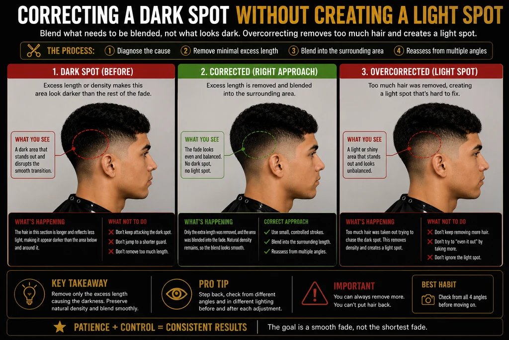 Three-stage comparison titled Correcting a dark spot without creating a light spot, following the process of diagnosing the cause, removing minimal excess length, blending into the surrounding area, and reassessing from multiple angles. Stage one, the dark spot before correction: excess length or density makes the circled area look darker and disrupt the smooth transition, so do not keep attacking it, jump to a shorter guard, or remove too much length. Stage two, corrected: only the extra length was removed and blended into the fade, natural density remains, and the blend looks smooth — achieved with small controlled strokes, blending into the surrounding length, and reassessing from multiple angles. Stage three, overcorrected: too much hair was taken out chasing the dark spot, removing density and leaving a light, shiny area that looks unbalanced. Key takeaway: remove only the excess length causing the darkness, preserve natural density, and blend smoothly — you can always remove more, but you cannot put hair back.