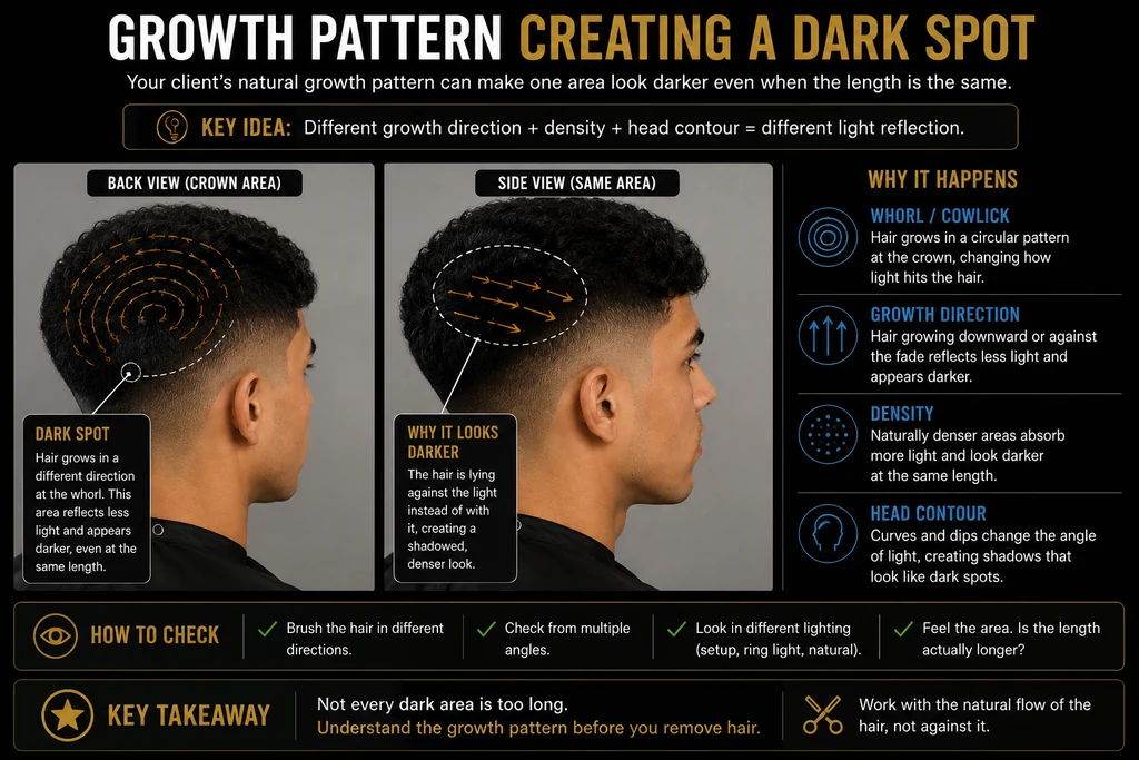 Diagram titled Growth pattern creating a dark spot, showing the same crown area from two views. The back view traces a circular whorl where hair grows in a different direction, reflecting less light and appearing darker even at the same length. The side view of that same area shows the hair lying against the light instead of with it, creating a shadowed, denser look. Four causes are listed: a whorl or cowlick growing in a circular pattern at the crown, growth direction where hair growing downward or against the fade reflects less light, density where naturally denser areas absorb more light at the same length, and head contour where curves and dips change the angle of light. How to check: brush the hair in different directions, check from multiple angles, look in different lighting, and feel whether the length is actually longer. Key takeaway: not every dark area is too long — understand the growth pattern before you remove hair, and work with the natural flow of the hair rather than against it.