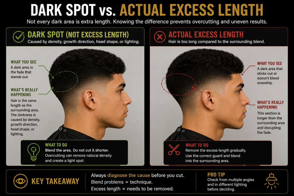Side-by-side comparison titled Dark spot vs. actual excess length, explaining that not every dark area is extra length and that knowing the difference prevents overcutting and uneven results. The left panel, marked with a green check as a dark spot that is not excess length, is caused by density, growth direction, head shape, or lighting: what you see is a dark area in the fade that stands out, but what is really happening is that the hair is the same length as the surrounding area and the darkness comes from density, growth direction, head shape, or lighting. What to do: blend the area and do not cut it shorter, because overcutting can remove natural density and create a light spot. The right panel, marked with a red cross as actual excess length, is hair that is too long compared to the surrounding blend: what you see is a dark area that sticks out or does not blend smoothly, and what is really happening is that the section is longer than the surrounding area and disrupting the fade. What to do: remove the excess length gradually using the correct cutting length and blend into the surrounding area. Key takeaway: always diagnose the cause before you cut, because blend problems are a matter of technique while excess length needs to be removed. Pro tip: check from multiple angles and in different lighting before deciding.