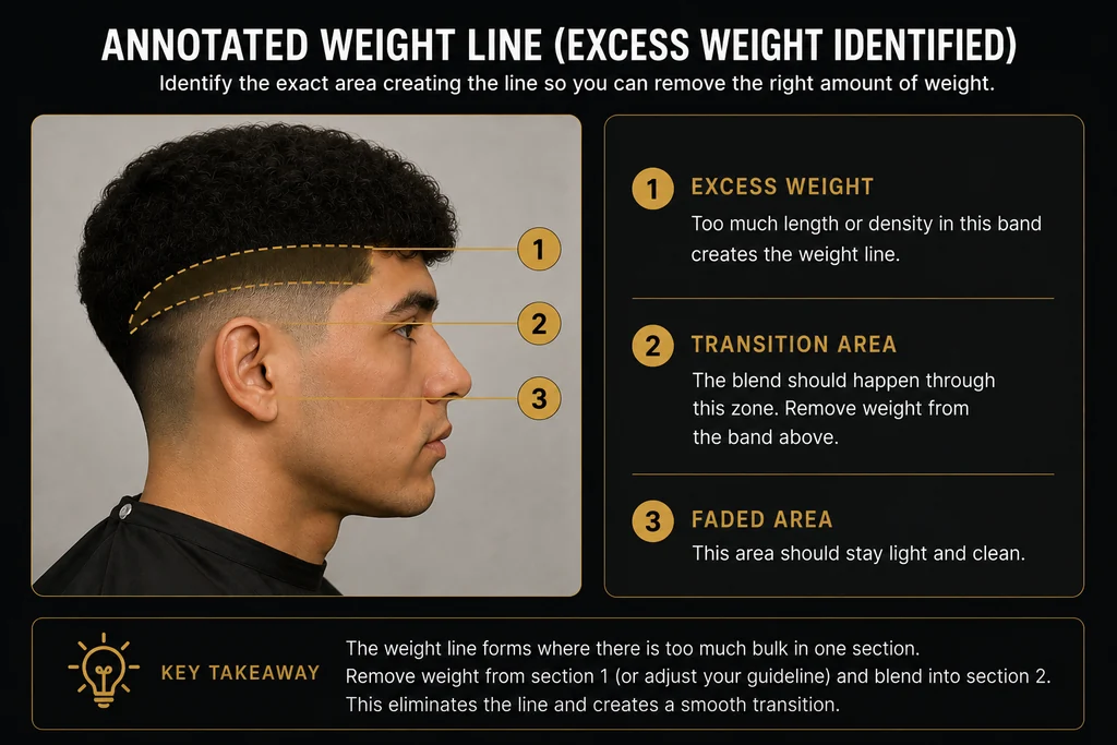 Annotated fade marking three zones. Zone 1 is the excess weight band, where too much length or density creates the weight line. Zone 2 is the transition area, where the blend should happen. Zone 3 is the faded area below, which should stay light and clean.
