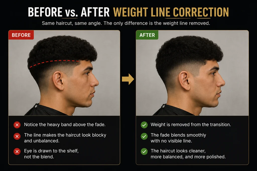 The same haircut photographed from the same angle before and after correction. Before: a heavy band sits above the fade and the shape reads blocky. After: the weight is removed from the transition, the fade blends smoothly with no visible line, and the overall shape looks balanced.
