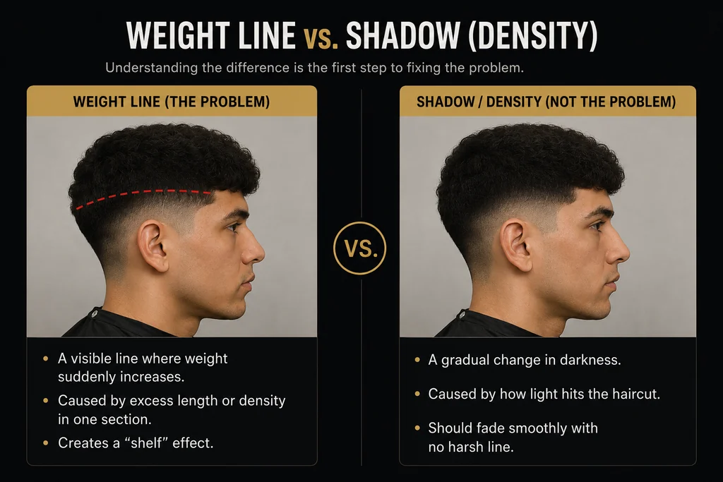 Side-by-side comparison of two fades. On the left, a true weight line: a hard band of length sitting above the fade, marked with a dashed line, creating a shelf. On the right, a shadow or density variation: the darkness changes gradually and the fade still blends smoothly with no harsh line.